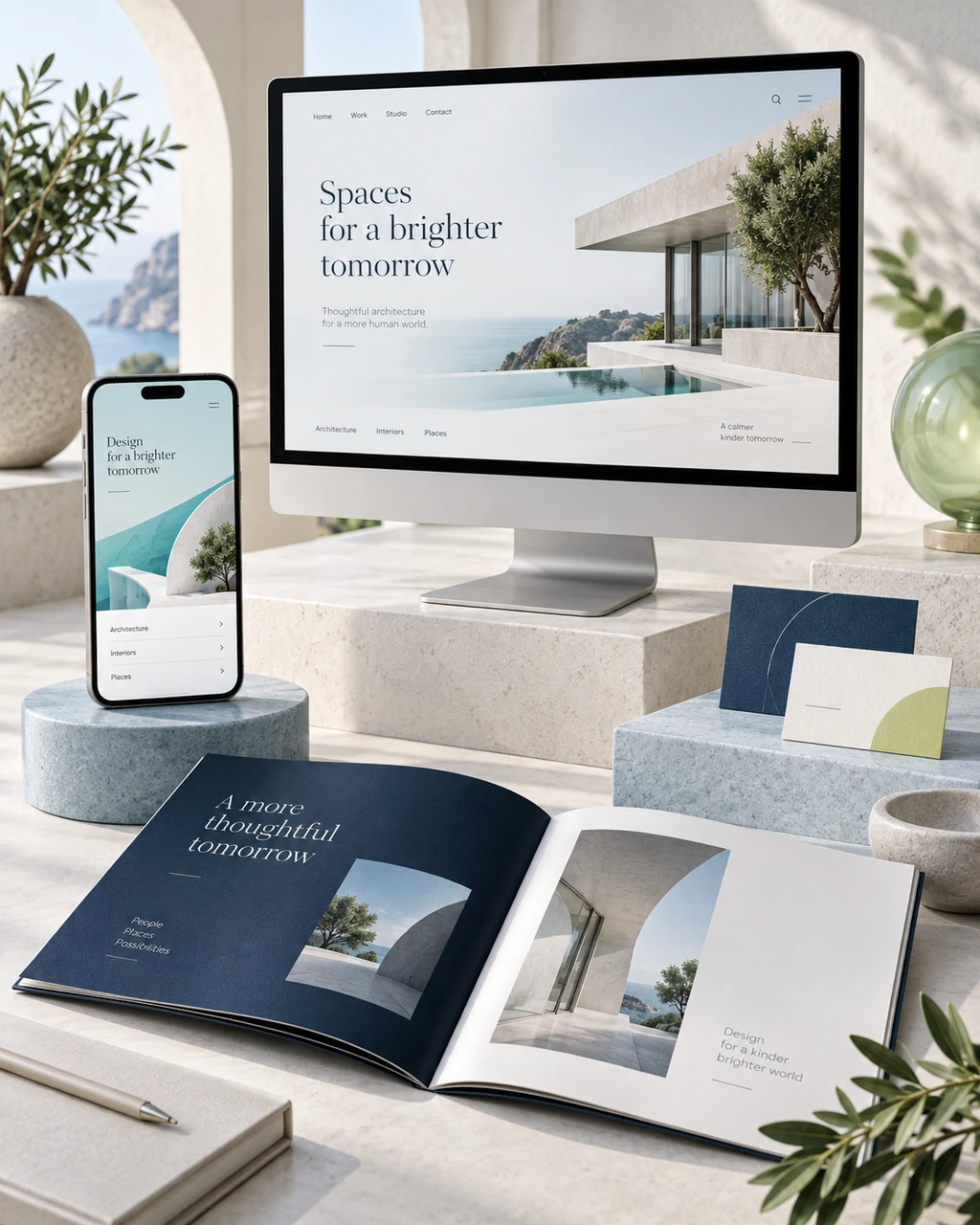 Art-directed collection of website, mobile interface, brand identity and company profile mockups